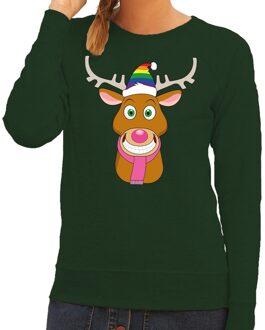 Bellatio Decorations Foute kersttrui / sweater Gay Ruldolf met regenboog muts en roze sjaal groen voor dames - Kersttruien 2XL (44)