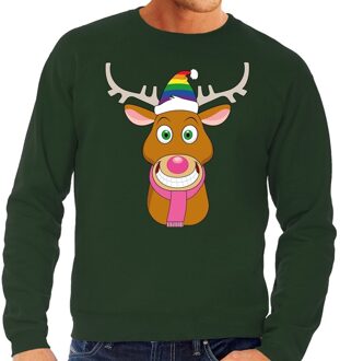 Bellatio Decorations Foute kersttrui / sweater Gay Ruldolf met regenboog muts en roze sjaal groen voor heren - Kersttruien 2XL (56)