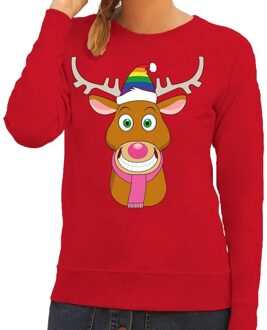 Bellatio Decorations Foute kersttrui / sweater Gay Ruldolf met regenboog muts en roze sjaal rood voor dames - Kersttruien 2XL (44)