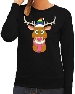 Bellatio Decorations Foute kersttrui / sweater Gay Ruldolf met regenboog muts en roze sjaal zwart voor dames - Kersttruien 2XL (44)