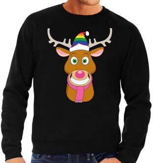 Bellatio Decorations Foute kersttrui / sweater Gay Ruldolf met regenboog muts en roze sjaal zwart voor heren - Kersttruien 2XL (56)