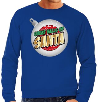 Bellatio Decorations Foute Kersttrui / sweater - Great balls of Santa blauw voor heren - kerstkleding / kerst outfit L (52)