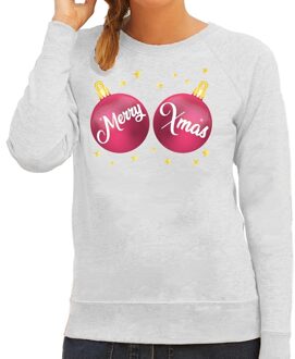 Bellatio Decorations Foute kersttrui / sweater grijs met roze Merry Xmas borsten voor dames - kerstkleding / christmas outfit 2XL (44)