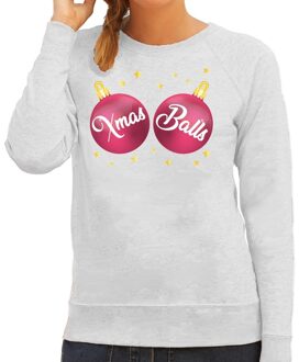 Bellatio Decorations Foute kersttrui / sweater grijs met roze Xmas balls borsten voor dames - kerstkleding / christmas outfit 2XL (44)