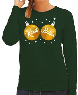 Bellatio Decorations Foute kersttrui / sweater groen met gouden Kerst Ballen borsten voor dames - kerstkleding / christmas outfit 2XL (44)