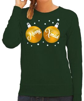 Bellatio Decorations Foute kersttrui / sweater groen met gouden Merry Xmas borsten voor dames - kerstkleding / christmas outfit 2XL (44)