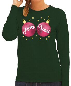 Bellatio Decorations Foute kersttrui / sweater groen met roze Merry Xmas borsten voor dames - kerstkleding / christmas outfit 2XL (44)