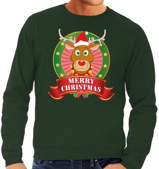Bellatio Decorations Foute kersttrui - sweater - groen - Rendier Rudolf - voor heren
