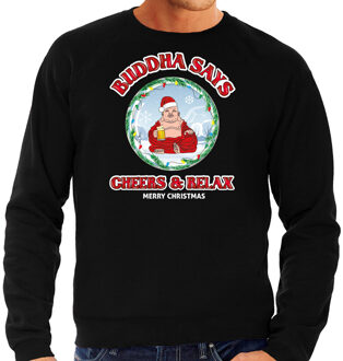 Bellatio Decorations foute Kersttrui/sweater heren - buddha says cheers & relax - zwart - bier 2XL - kerst truien