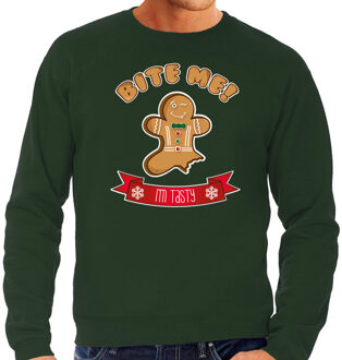 Bellatio Decorations foute kersttrui/sweater heren - Gingerbread koekemannetje - groen - Bite Me 2XL - kerst truien