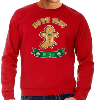 Bellatio Decorations foute kersttrui/sweater heren - Gingerbread koekemannetje - rood - Bite Me 2XL - kerst truien