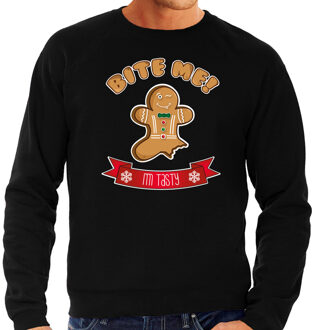 Bellatio Decorations foute kersttrui/sweater heren - Gingerbread koekemannetje - zwart - Bite Me 2XL - kerst truien