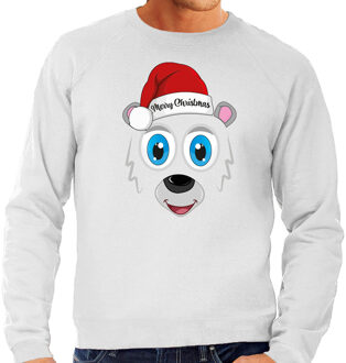 Bellatio Decorations foute kersttrui/sweater heren - IJsbeer gezicht - lichtgrijs - Merry Christmas 2XL - kerst truien
