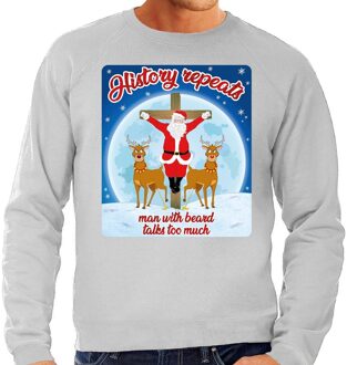 Bellatio Decorations Foute Kersttrui / sweater - History repeats man with beard talks too much  - grijs voor heren - kerstkleding / kerst outfit S (48)