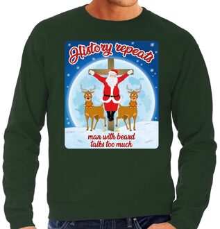 Bellatio Decorations Foute Kersttrui / sweater - History repeats man with beard talks too much  - groen voor heren - kerstkleding / kerst outfit S (48)