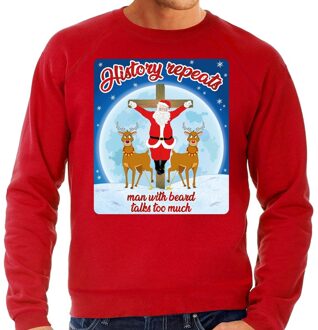 Bellatio Decorations Foute Kersttrui / sweater - History repeats man with beard talks too much  - rood voor heren - kerstkleding / kerst outfit 2XL (56)