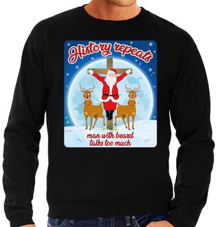 Bellatio Decorations Foute Kersttrui / sweater - History repeats man with beard talks too much  - zwart voor heren - kerstkleding / kerst outfit M (50)