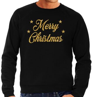 Bellatio Decorations Foute Kersttrui - sweater - Merry Christmas - goud / glitter - zwart - heren - kerstkleding