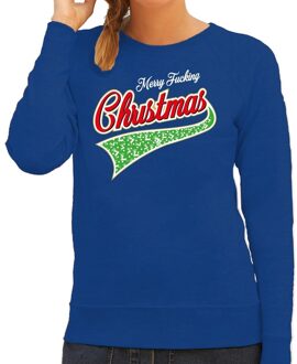 Bellatio Decorations Foute Kersttrui / sweater - Merry fucking christmas - blauw voor dames - kerstkleding / kerst outfit XS (34)