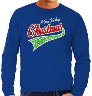 Bellatio Decorations Foute Kersttrui / sweater - Merry fucking christmas - blauw voor heren - kerstkleding / kerst outfit 2XL (56)