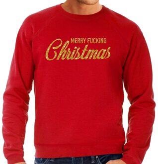 Bellatio Decorations Foute Kersttrui / sweater - Merry Fucking Christmas - goud / glitter - rood - heren - kerstkleding / kerst outfit S (48)