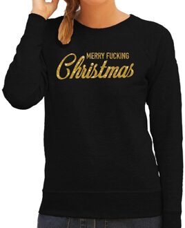 Bellatio Decorations Foute Kersttrui / sweater - Merry Fucking Christmas - goud / glitter - zwart - dames - kerstkleding / kerst outfit 2XL (44)