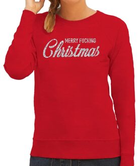 Bellatio Decorations Foute Kersttrui / sweater - Merry Fucking Christmas - zilver / glitter - rood - dames - kerstkleding / kerst outfit 2XL (44)