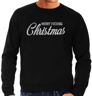 Bellatio Decorations Foute Kersttrui / sweater - Merry Fucking Christmas - zilver / glitter - zwart - heren - kerstkleding / kerst outfit XL (54)
