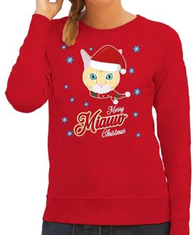Bellatio Decorations Foute Kersttrui - sweater - Merry Miauw Christmas - kat / poes - rood - voor dames - kerstkleding