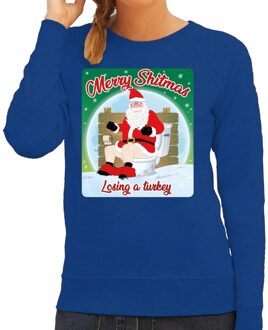 Bellatio Decorations Foute Kersttrui / sweater - Merry Shitmas Losing a Turkey - blauw voor dames - kerstkleding / kerst outfit 2XL (44)