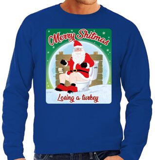 Bellatio Decorations Foute Kersttrui / sweater - Merry Shitmas Losing a Turkey - blauw voor heren - kerstkleding / kerst outfit 2XL (56)