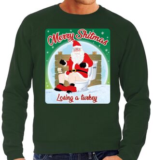 Bellatio Decorations Foute Kersttrui / sweater - Merry Shitmas Losing a Turkey - groen voor heren - kerstkleding / kerst outfit S (48)