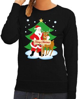Bellatio Decorations Foute kersttrui / sweater met de kerstman en rendier Rudolf zwart voor dames - Kersttruien S (36)