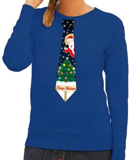 Bellatio Decorations Foute kersttrui - sweater - met stropdas kerst print - blauw - voor dames