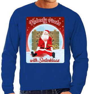 Bellatio Decorations Foute Kersttrui / sweater - Nobody fucks with Sinterklaas - blauw voor heren - kerstkleding / kerst outfit 2XL (56)