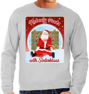 Bellatio Decorations Foute Kersttrui / sweater - Nobody fucks with Sinterklaas - grijs voor heren - kerstkleding / kerst outfit L (52)