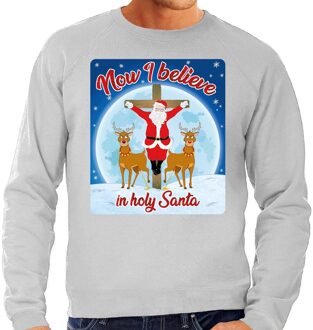Bellatio Decorations Foute Kersttrui / sweater - Now i believe in holy Santa - grijs voor heren - kerstkleding / kerst outfit L (52)