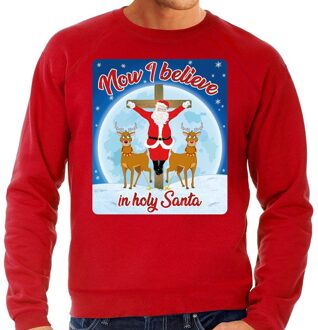Bellatio Decorations Foute Kersttrui / sweater - Now i believe in holy Santa - rood voor heren - kerstkleding / kerst outfit L (52)