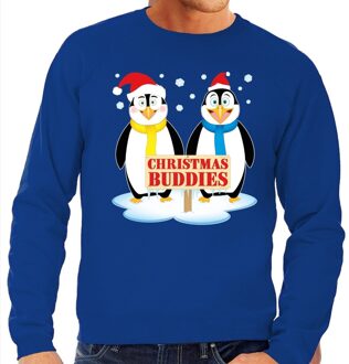Bellatio Decorations Foute kersttrui / sweater - pinguin vriendjes - blauw - voor heren - Kersttruien