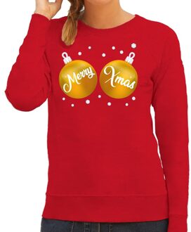 Bellatio Decorations Foute kersttrui / sweater rood met gouden Merry Xmas borsten voor dames - kerstkleding / christmas outfit 2XL (44)