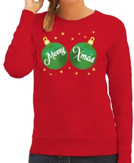 Bellatio Decorations Foute kersttrui / sweater rood met groene Merry Xmas borsten voor dames - kerstkleding / christmas outfit 2XL (44)