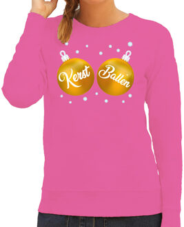Bellatio Decorations Foute kersttrui - sweater - roze - met gouden Kerst Ballen borsten - voor dames - kerstkleding XS