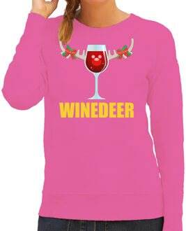 Bellatio Decorations Foute kersttrui - sweater - roze - wijn - Winedeer - voor dames - kersttruien - Funny - Drank XL