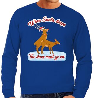 Bellatio Decorations Foute Kersttrui / sweater - seksende rendieren - when Santa sleeps the show must go on - blauw voor heren 2XL (56)