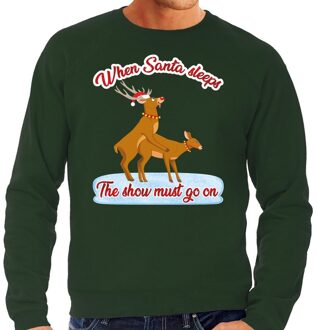 Bellatio Decorations Foute Kersttrui / sweater - seksende rendieren - when Santa sleeps the show must go on - groen voor heren S (48)