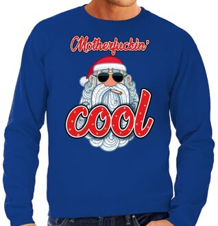 Bellatio Decorations Foute Kersttrui / sweater - Stoere kerstman - motherfucking cool - blauw voor heren - kerstkleding / kerst outfit XL (54)