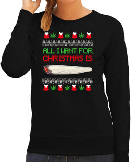 Bellatio Decorations Foute Kersttrui/sweater voor dames - All I want for Christmas is wiet - zwart - joint L