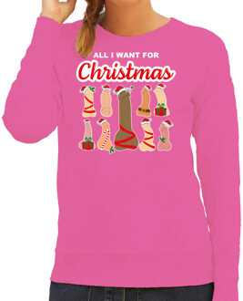 Bellatio Decorations foute kersttrui/sweater voor dames - All I want for Christmas - piemels - roze 2XL