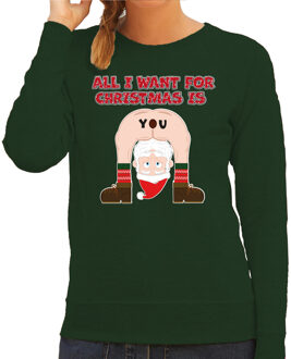 Bellatio Decorations Foute Kersttrui/sweater voor dames - all I want is - groen - blote kont - kerstman XS