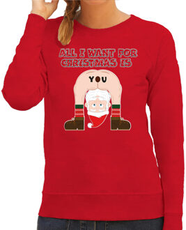 Bellatio Decorations Foute Kersttrui/sweater voor dames - all I want is - rood - blote kont - kerstman 2XL